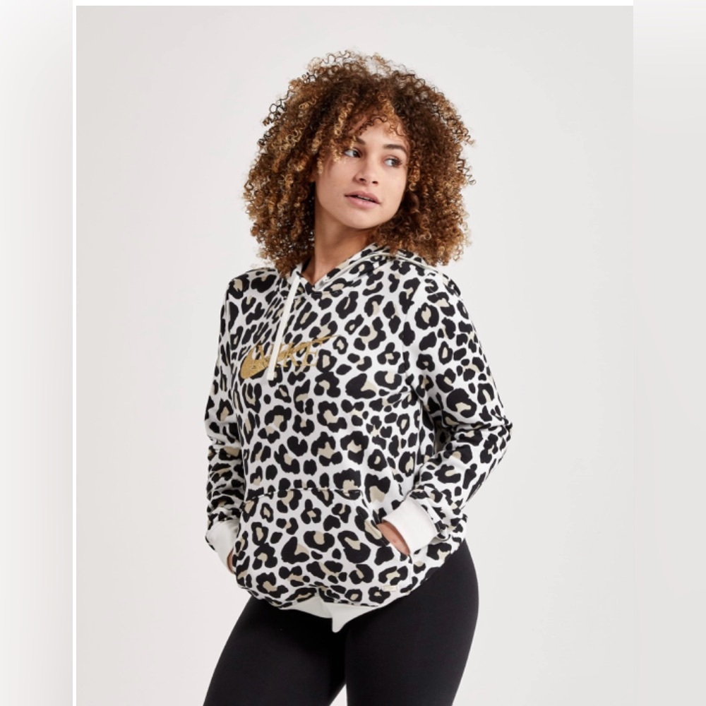 Nike Women's Black & White Leopard Print Hoodie with Gold Logo